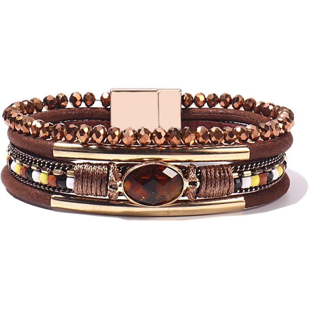 Leather Wrap Bracelet Crystal Beads Boho Cuff Stone Charm Adjustable